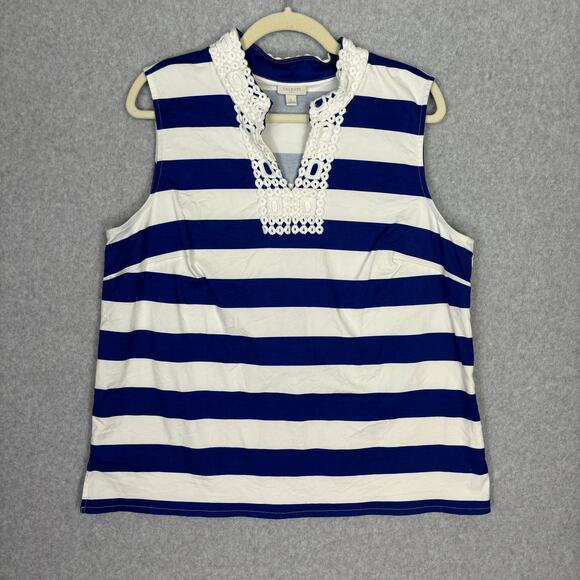 Talbots Tank Top Womens Large Blue White Striped Nautical Crochet Coastal Sailor - Picture 1 of 11